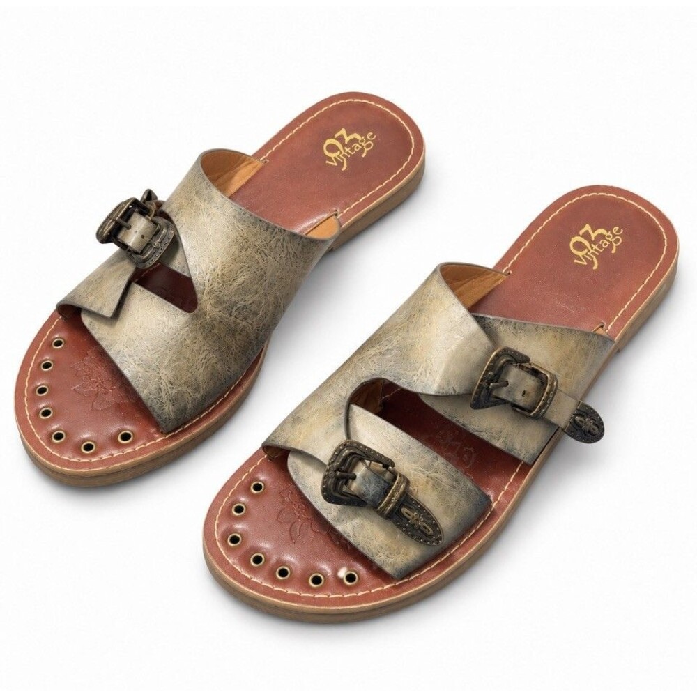 Vintage 93 Women Leather Slide Sandals Distressed Boho Buckle Mule Mineral Gry10